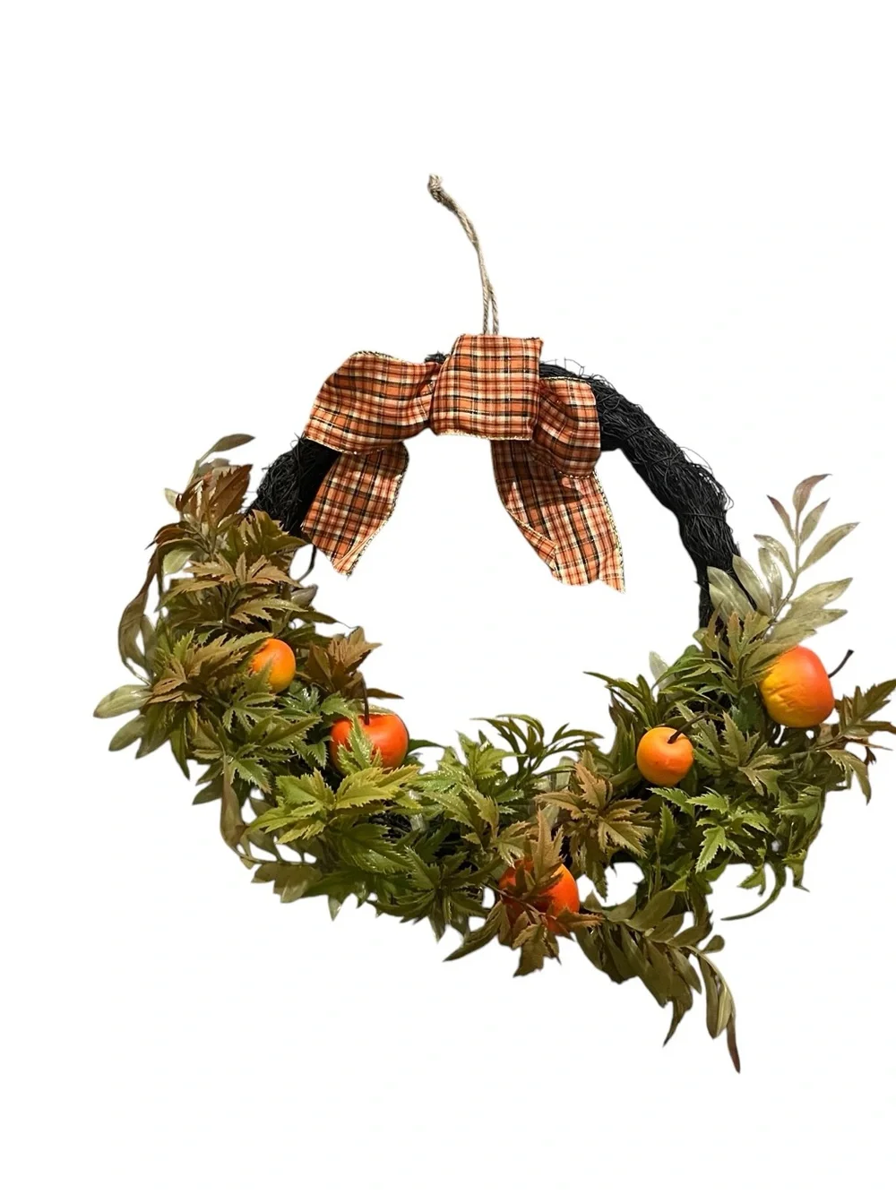 NWT! Autumn Orange Fruit & Leaf Wreath with Plaid Bow